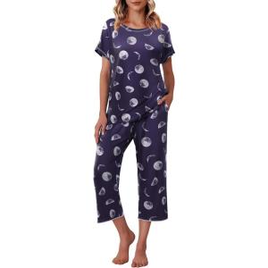 imageEkouaer Womens Capri Pajama Sets Floral Print Short Sleeve Sleepwear Top and Capri Pants 2 Piece Loungewear with PocketsNavy Blue Moon