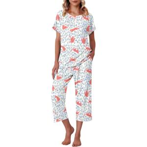 imageEkouaer Womens Capri Pajama Sets Floral Print Short Sleeve Sleepwear Top and Capri Pants 2 Piece Loungewear with PocketsPink Leopard