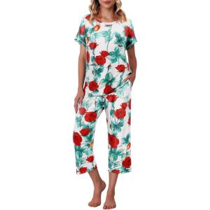 imageEkouaer Womens Capri Pajama Sets Floral Print Short Sleeve Sleepwear Top and Capri Pants 2 Piece Loungewear with PocketsRed Rose Flowers