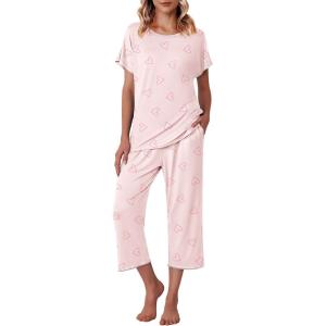 imageEkouaer Womens Capri Pajama Sets Floral Print Short Sleeve Sleepwear Top and Capri Pants 2 Piece Loungewear with PocketsWhite Red Heart