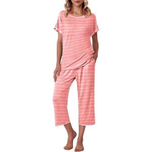imageEkouaer Womens Capri Pajama Sets Floral Print Short Sleeve Sleepwear Top and Capri Pants 2 Piece Loungewear with PocketsWhite Strip