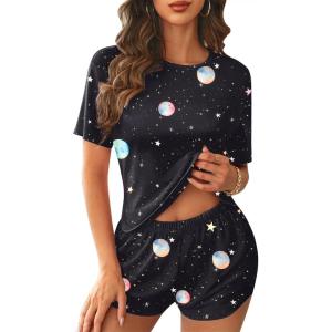 imageEkouaer Womens Pajama Sets Short Sleeve Pjs 2 Piece Top and Shorts Sleepwear Comfy Soft Lounge Sets with PocketsBlack Sky