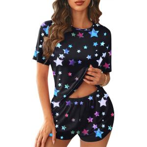 imageEkouaer Womens Pajama Sets Short Sleeve Pjs 2 Piece Top and Shorts Sleepwear Comfy Soft Lounge Sets with PocketsBlack Star