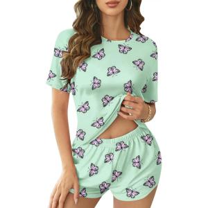 imageEkouaer Womens Pajama Sets Short Sleeve Pjs 2 Piece Top and Shorts Sleepwear Comfy Soft Lounge Sets with PocketsButterfly