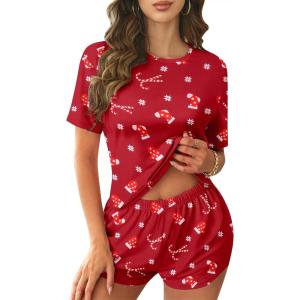 imageEkouaer Womens Pajama Sets Short Sleeve Pjs 2 Piece Top and Shorts Sleepwear Comfy Soft Lounge Sets with PocketsChristmas Red