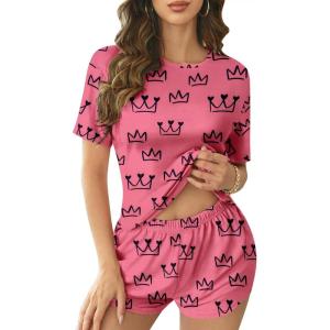 imageEkouaer Womens Pajama Sets Short Sleeve Pjs 2 Piece Top and Shorts Sleepwear Comfy Soft Lounge Sets with PocketsCrown