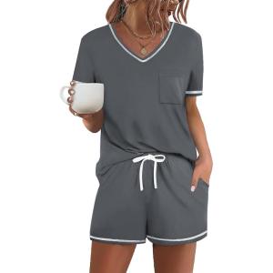 imageEkouaer Womens Pajama Sets Short Sleeve Pjs 2 Piece Top and Shorts Sleepwear Comfy Soft Lounge Sets with PocketsDark Grey