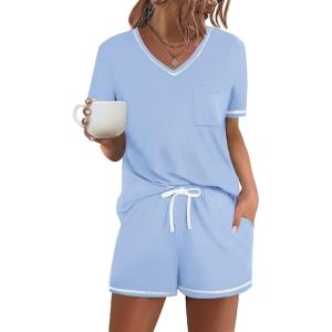 imageEkouaer Womens Pajama Sets Short Sleeve Pjs 2 Piece Top and Shorts Sleepwear Comfy Soft Lounge Sets with PocketsLight Blue