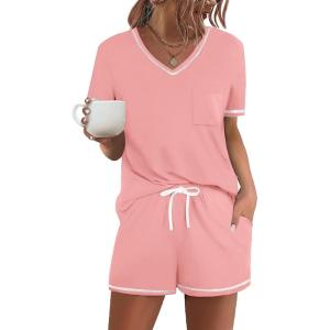 imageEkouaer Womens Pajama Sets Short Sleeve Pjs 2 Piece Top and Shorts Sleepwear Comfy Soft Lounge Sets with PocketsLight Pink