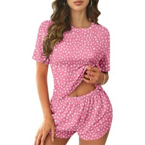 imageEkouaer Womens Pajama Sets Short Sleeve Pjs 2 Piece Top and Shorts Sleepwear Comfy Soft Lounge Sets with PocketsPink Dot