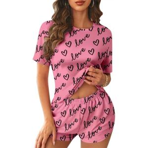imageEkouaer Womens Pajama Sets Short Sleeve Pjs 2 Piece Top and Shorts Sleepwear Comfy Soft Lounge Sets with PocketsPink Love