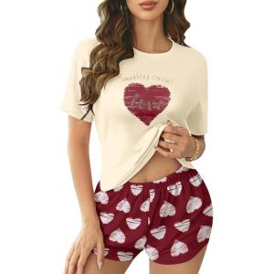 imageEkouaer Womens Pajama Sets Short Sleeve Pjs 2 Piece Top and Shorts Sleepwear Comfy Soft Lounge Sets with PocketsRed Heart