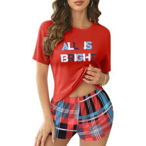 imageEkouaer Womens Pajama Sets Short Sleeve Pjs 2 Piece Top and Shorts Sleepwear Comfy Soft Lounge Sets with PocketsRed Plaid