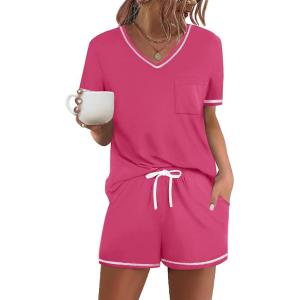 imageEkouaer Womens Pajama Sets Short Sleeve Pjs 2 Piece Top and Shorts Sleepwear Comfy Soft Lounge Sets with PocketsRose Red