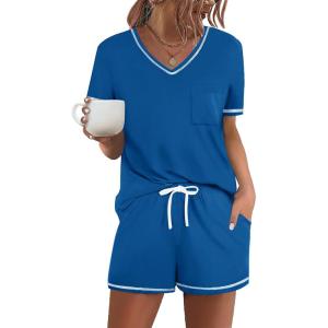 imageEkouaer Womens Pajama Sets Short Sleeve Pjs 2 Piece Top and Shorts Sleepwear Comfy Soft Lounge Sets with PocketsRoyal Blue