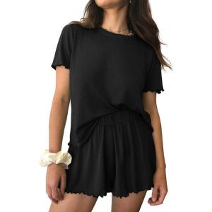 imageEkouaer Womens Pajamas 2 Piece Ribbed Knit Pjs Short Sleeve Sleepwear Set Summer Soft Pajamas Set Casual Lounge SetsBlack