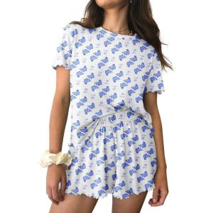 imageEkouaer Womens Pajamas 2 Piece Ribbed Knit Pjs Short Sleeve Sleepwear Set Summer Soft Pajamas Set Casual Lounge SetsBlue Dolphin