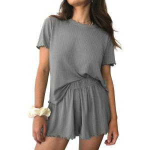 imageEkouaer Womens Pajamas 2 Piece Ribbed Knit Pjs Short Sleeve Sleepwear Set Summer Soft Pajamas Set Casual Lounge SetsGray