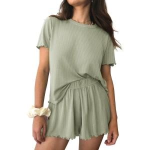 imageEkouaer Womens Pajamas 2 Piece Ribbed Knit Pjs Short Sleeve Sleepwear Set Summer Soft Pajamas Set Casual Lounge SetsGreen
