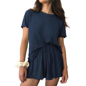 imageEkouaer Womens Pajamas 2 Piece Ribbed Knit Pjs Short Sleeve Sleepwear Set Summer Soft Pajamas Set Casual Lounge SetsNavy Blue