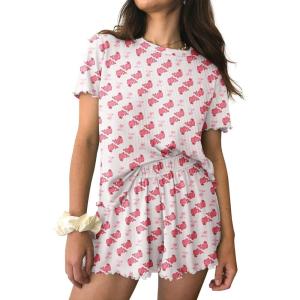 imageEkouaer Womens Pajamas 2 Piece Ribbed Knit Pjs Short Sleeve Sleepwear Set Summer Soft Pajamas Set Casual Lounge SetsPink Dolphin