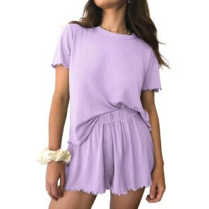 imageEkouaer Womens Pajamas 2 Piece Ribbed Knit Pjs Short Sleeve Sleepwear Set Summer Soft Pajamas Set Casual Lounge SetsPurple