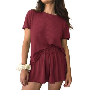 imageEkouaer Womens Pajamas 2 Piece Ribbed Knit Pjs Short Sleeve Sleepwear Set Summer Soft Pajamas Set Casual Lounge SetsWine Red