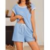 imageEkouaer Womens Pajamas Set 2 Piece Short Sleeves PJs O Neck Tops and Drawstring Waist Shorts Soft Lounge SetLight Blue