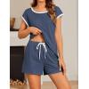 imageEkouaer Womens Pajamas Set 2 Piece Short Sleeves PJs O Neck Tops and Drawstring Waist Shorts Soft Lounge SetNavy Blue
