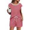 imageEkouaer Womens Pajamas Set 2 Piece Short Sleeves PJs O Neck Tops and Drawstring Waist Shorts Soft Lounge SetGray Purple Red