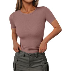 imageEkouaer Women Short Sleeve Shirts Lightweight Thermal Tops Ribbed Knitted Outfit Tees Soft Crew Neck Undershirt Basic ClothesGray