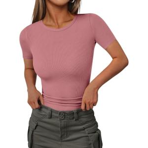 imageEkouaer Women Short Sleeve Shirts Lightweight Thermal Tops Ribbed Knitted Outfit Tees Soft Crew Neck Undershirt Basic ClothesLotus Color