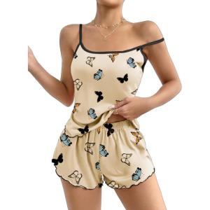imageEkouaer Womens Cami Pajama Sets 2 Piece Cute Print Pjs Soft Tank Top ampamp Elastic Waist Shorts Camisole Lounge SetBeige Butterfly