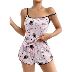 imageEkouaer Womens Cami Pajama Sets 2 Piece Cute Print Pjs Soft Tank Top ampamp Elastic Waist Shorts Camisole Lounge SetGrey Cat