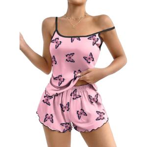 imageEkouaer Womens Cami Pajama Sets 2 Piece Cute Print Pjs Soft Tank Top ampamp Elastic Waist Shorts Camisole Lounge SetPink Butterfly