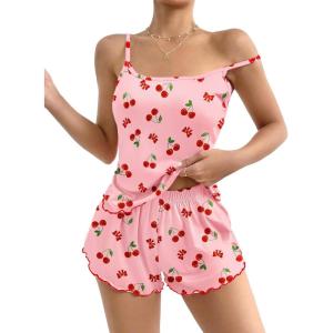 imageEkouaer Womens Cami Pajama Sets 2 Piece Cute Print Pjs Soft Tank Top ampamp Elastic Waist Shorts Camisole Lounge SetRed Cherry