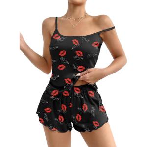 imageEkouaer Womens Cami Pajama Sets 2 Piece Cute Print Pjs Soft Tank Top ampamp Elastic Waist Shorts Camisole Lounge SetRed Lip