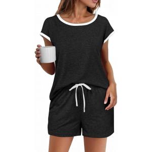 imageEkouaer Womens Pajamas Set 2 Piece Short Sleeves PJs O Neck Tops and Drawstring Waist Shorts Soft Lounge SetBlack