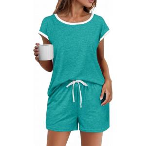 imageEkouaer Womens Pajamas Set 2 Piece Short Sleeves PJs O Neck Tops and Drawstring Waist Shorts Soft Lounge SetCeramic Green