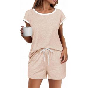 imageEkouaer Womens Pajamas Set 2 Piece Short Sleeves PJs O Neck Tops and Drawstring Waist Shorts Soft Lounge SetChampagne