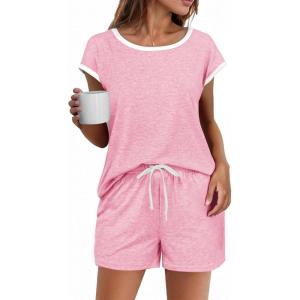 imageEkouaer Womens Pajamas Set 2 Piece Short Sleeves PJs O Neck Tops and Drawstring Waist Shorts Soft Lounge SetDark Pink