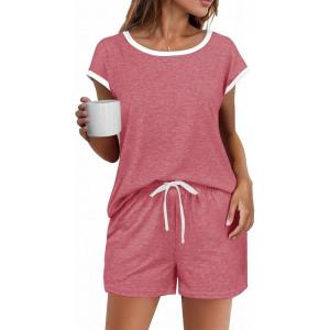 imageEkouaer Womens Pajamas Set 2 Piece Short Sleeves PJs O Neck Tops and Drawstring Waist Shorts Soft Lounge SetGray Purple Red