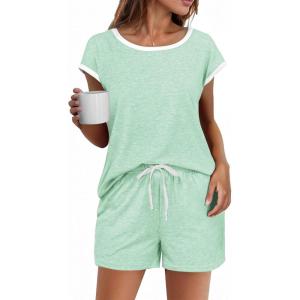 imageEkouaer Womens Pajamas Set 2 Piece Short Sleeves PJs O Neck Tops and Drawstring Waist Shorts Soft Lounge SetIce Green