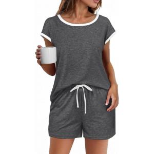 imageEkouaer Womens Pajamas Set 2 Piece Short Sleeves PJs O Neck Tops and Drawstring Waist Shorts Soft Lounge SetMedium Gray