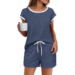 imageEkouaer Womens Pajamas Set 2 Piece Short Sleeves PJs O Neck Tops and Drawstring Waist Shorts Soft Lounge SetNavy Blue