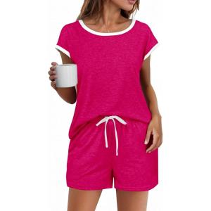 imageEkouaer Womens Pajamas Set 2 Piece Short Sleeves PJs O Neck Tops and Drawstring Waist Shorts Soft Lounge SetRose Red