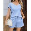 imageEkouaer Womens Waffle Knit Short Sets Short Sleeve Lounge Set V Neck Top and Shorts Pajamas Casual Outfits with PocketsClear Blue