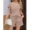 imageEkouaer Womens Waffle Knit Short Sets Short Sleeve Lounge Set V Neck Top and Shorts Pajamas Casual Outfits with PocketsKhaki