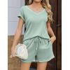 imageEkouaer Womens Waffle Knit Short Sets Short Sleeve Lounge Set V Neck Top and Shorts Pajamas Casual Outfits with PocketsLight Green