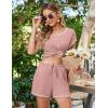 imageEkouaer Womens Waffle Knit Short Sets Short Sleeve Lounge Set V Neck Top and Shorts Pajamas Casual Outfits with PocketsLight Pink